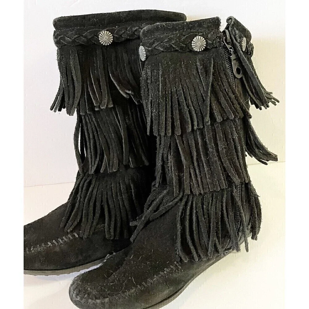 Minnetonka Moccasin Girls Black Boots 3 Layer Fringe Sz 12 Syle 2659 Leather
